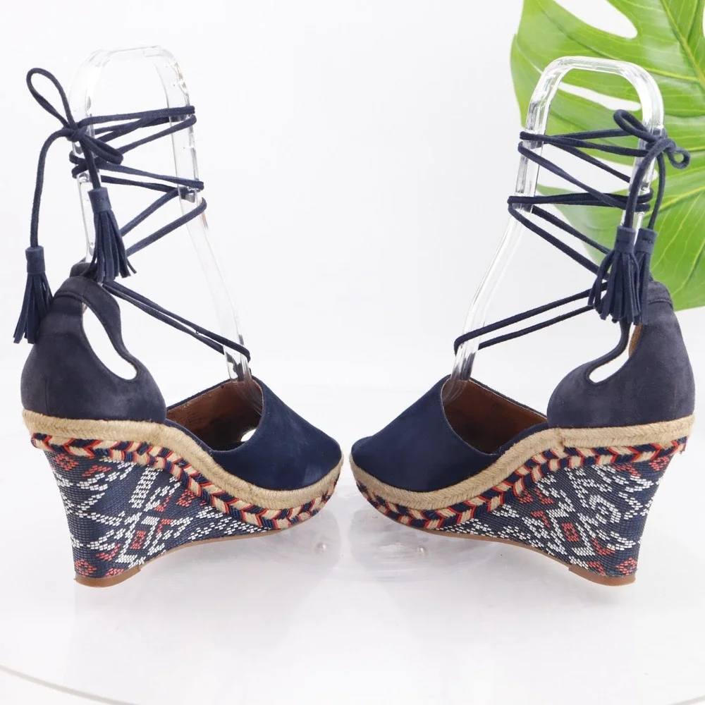 CAbi Womens Isla Sandals Size 8 Navy Suede Tie Ankle Wrap Espadrille Wedge Shoes